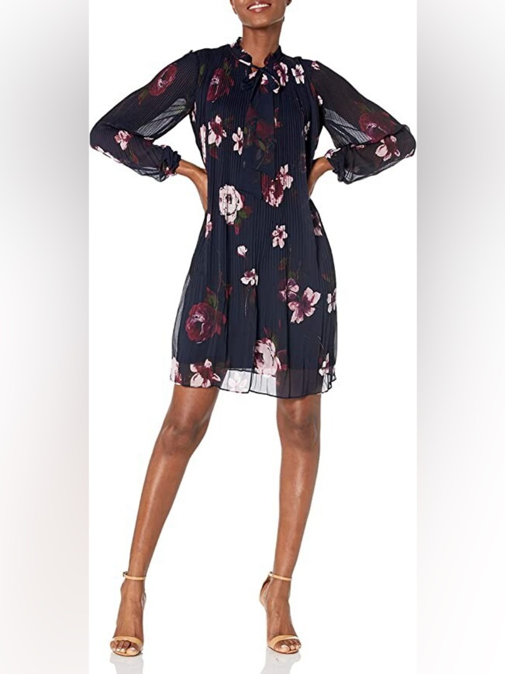 DKNY Navy Floral Dress Crinkle Layered Tie Neck Size 12